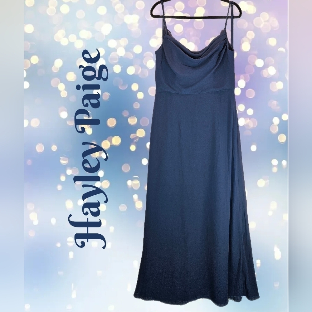 Hayley Paige Maxi Dress Womens Sz 14 Navy Blue Chiffon Lined Tie Spagetti Straps